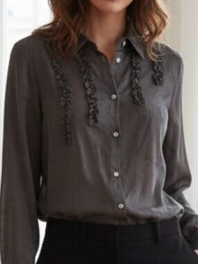 Kate Sylvester Gray Ruffle Front Top Small